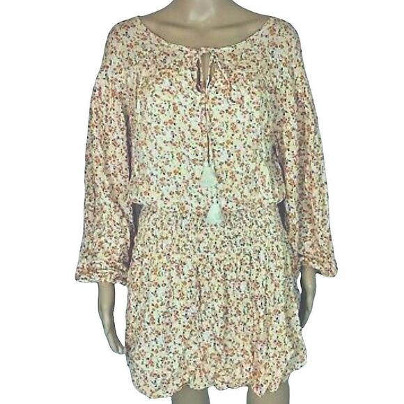 SMOCKED WAIST DITSY FLORAL TASSEL BOHO MINI DRESS SIZE M - Picture 1 of 10
